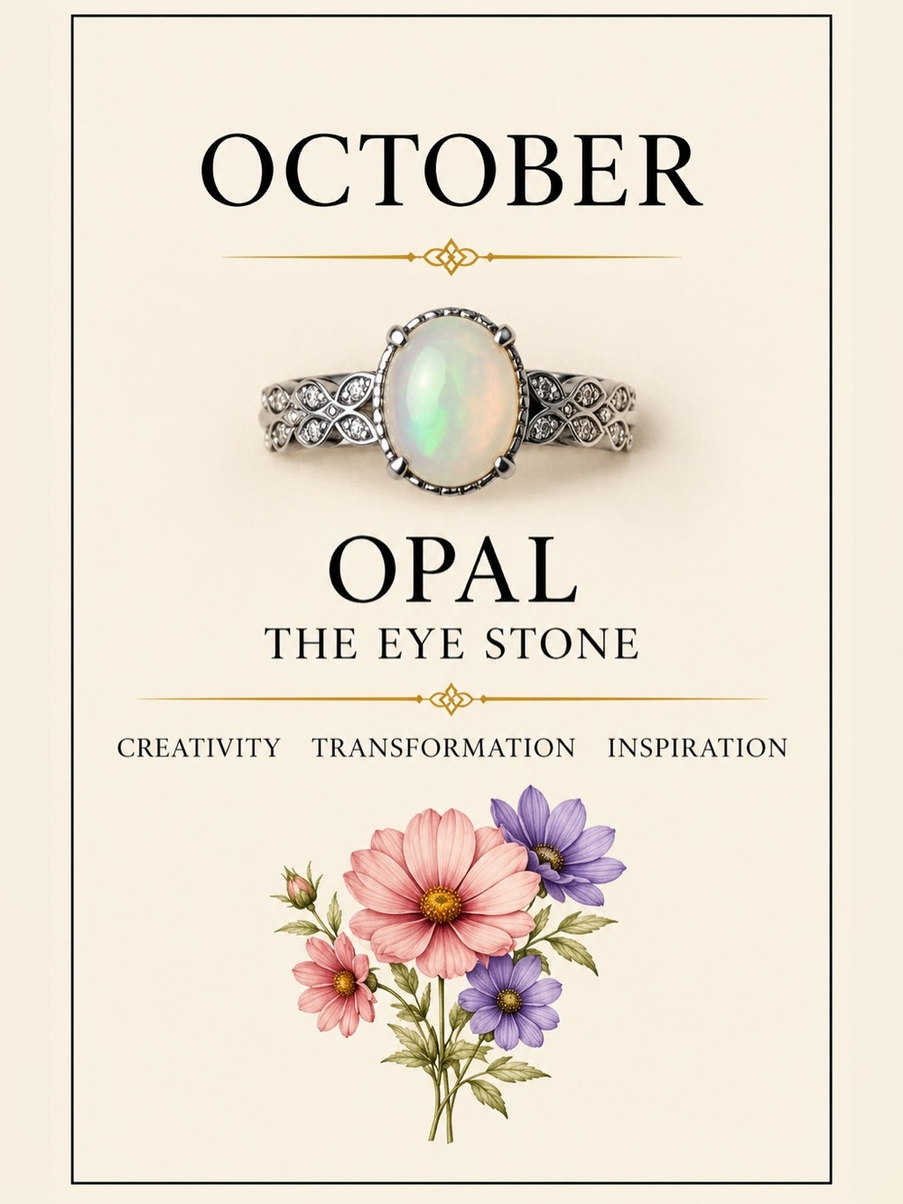 October Birthstone Ring | Opal Filigree Band | Iridescent White | Nickel Free